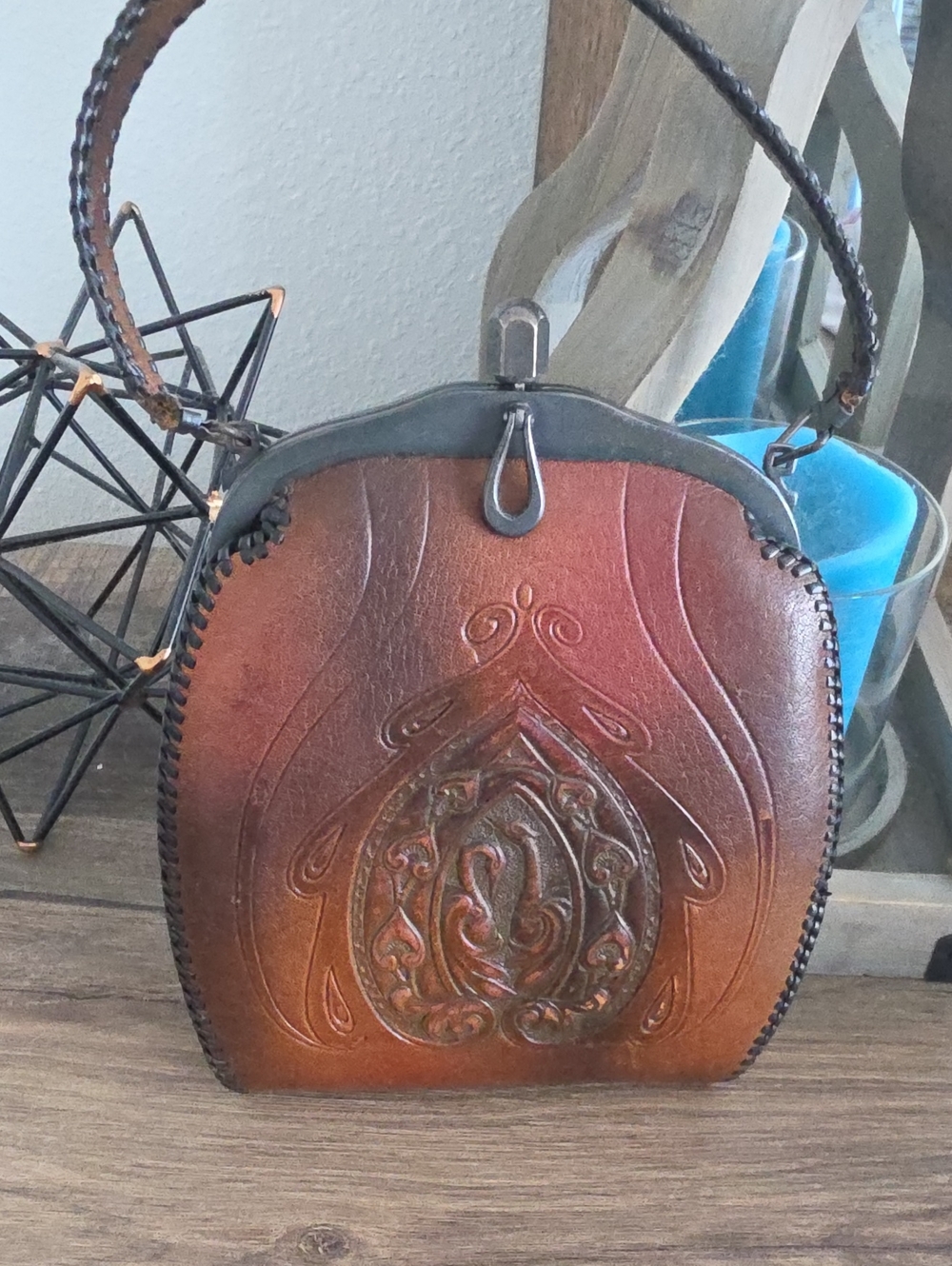 Vintage Handcrafted Tooled Leather Tote in Burnt Brown